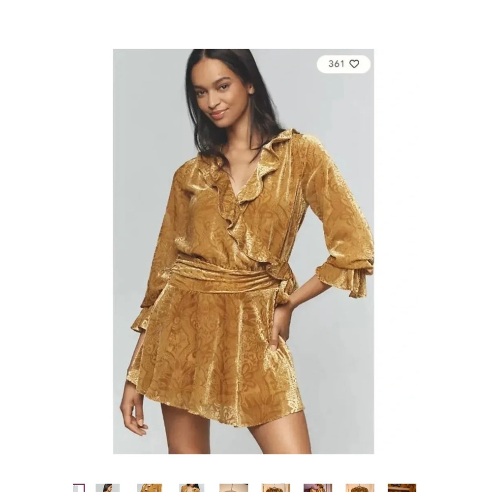 NWT Anthropologie Velvet Wrap Mini Dress Gold Ruffle Size 6